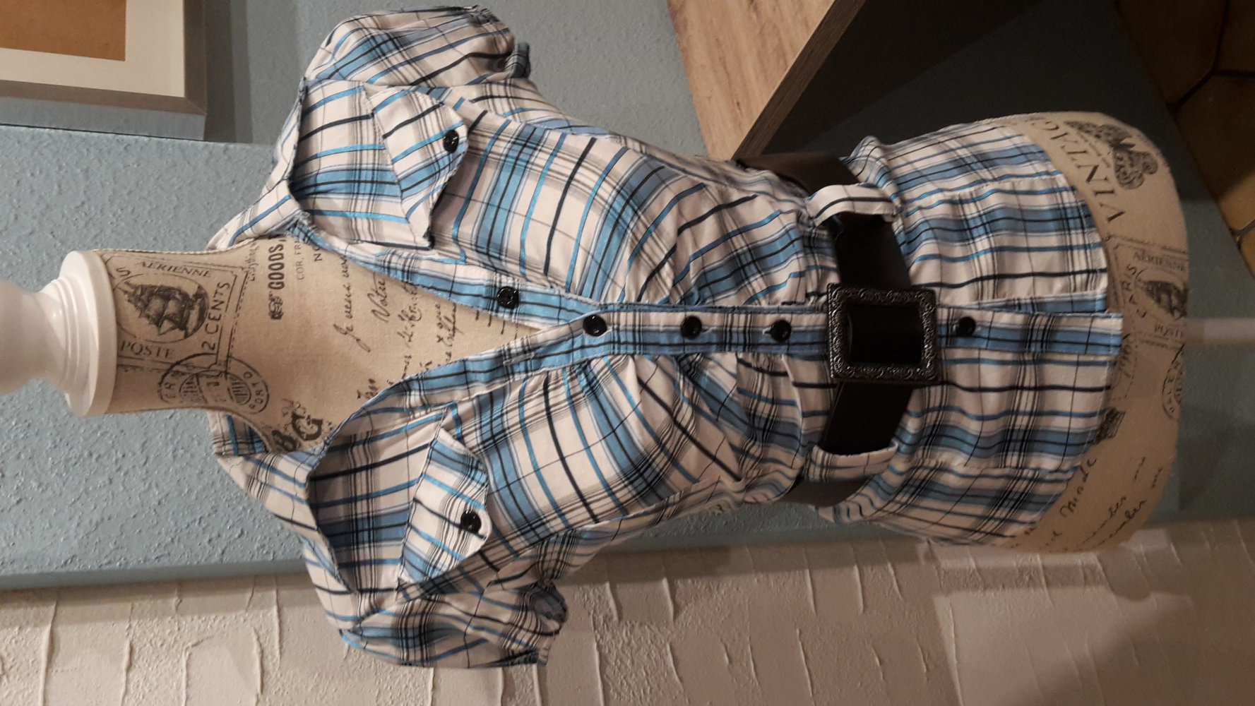 Bluse, Gr. 36, weiß blau petrol Kariert kurzärmlig NEU m. Gürtel
