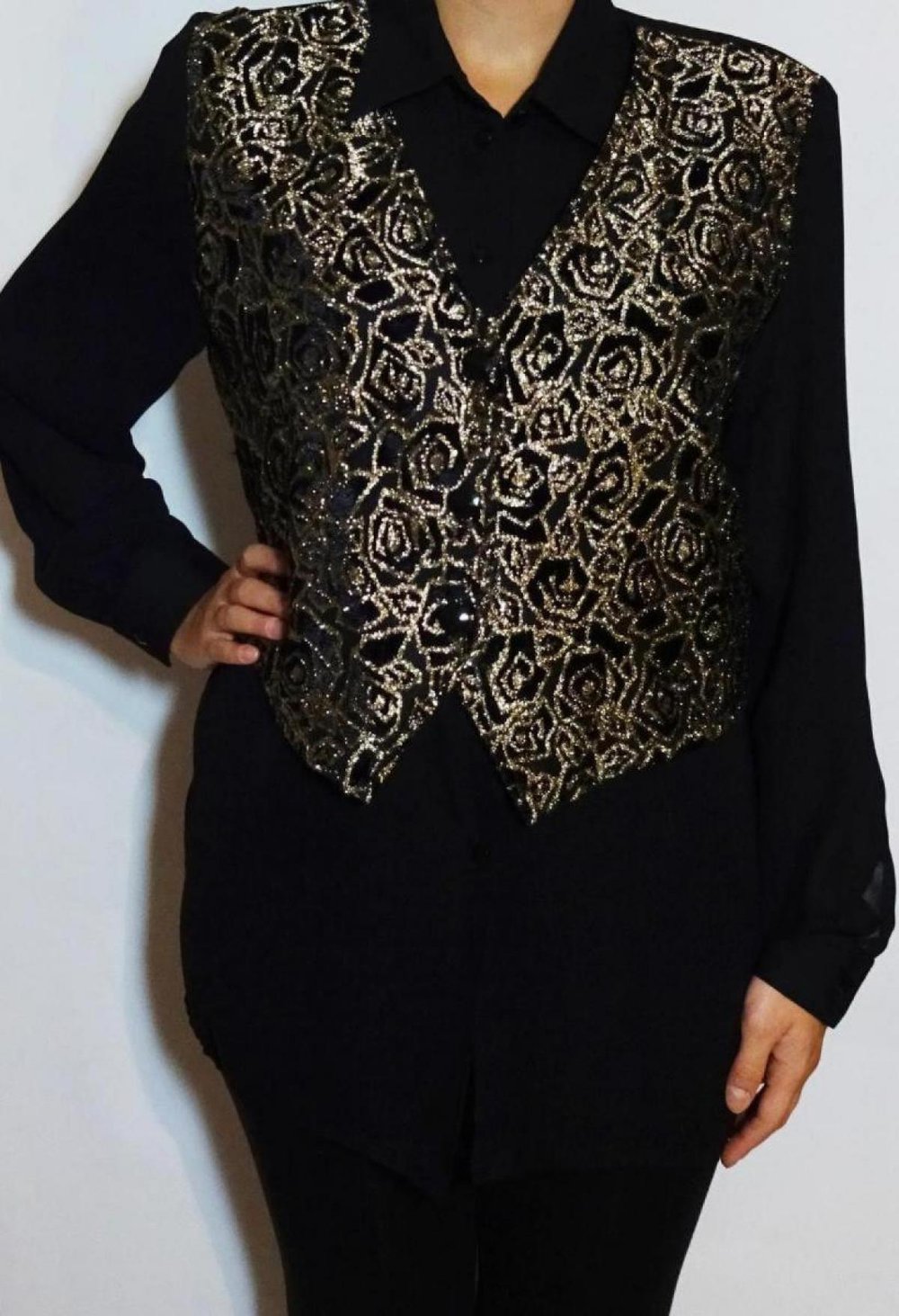 Bluse schwarz gold Vintage 80er Schulterpolster Brokat Samt Stickerei Gr. 42 Gr. M