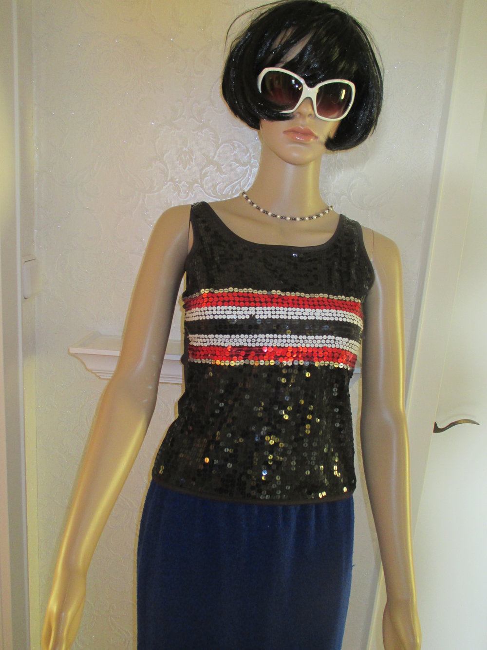   Abend Ausgeh Cocktail Disco- Party Glitzer Pailetten Tank- Träger Top T- Shirt 