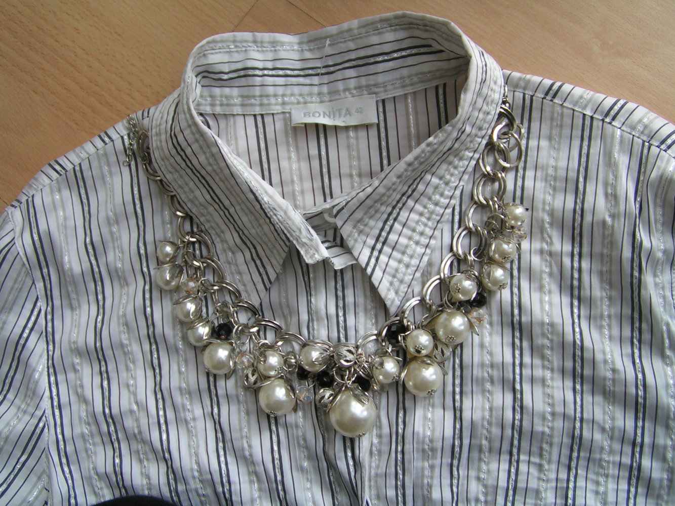 Bonita Crash Bluse Weiß Silber Grau 29% Seide Gr. 42 L NEU 79,90€