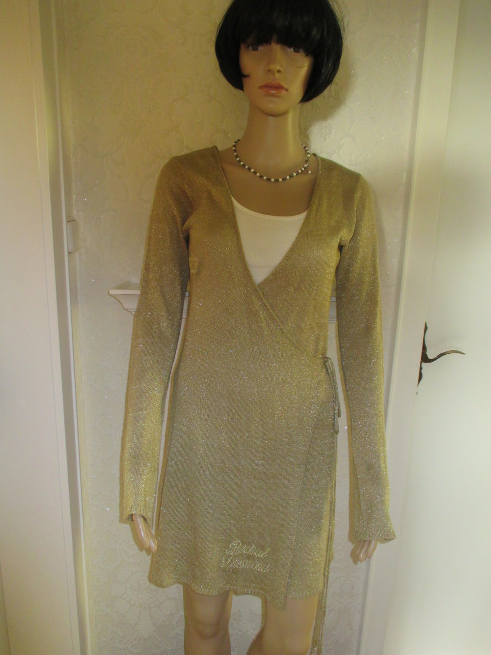 NEU * Glitzer * Lurex * Kronen Stickerei * Abend * Ausgeh * Long * Wickel * Fein- Strickjacke * Cardigan Pullover 