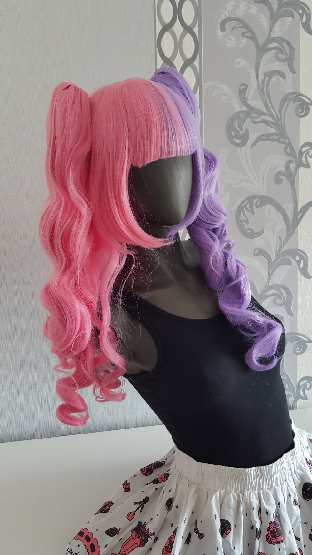 Lolita Perücke Pink Lila 2 Zöpfe Lockig Cosplay Fotoshoot Manga Anime