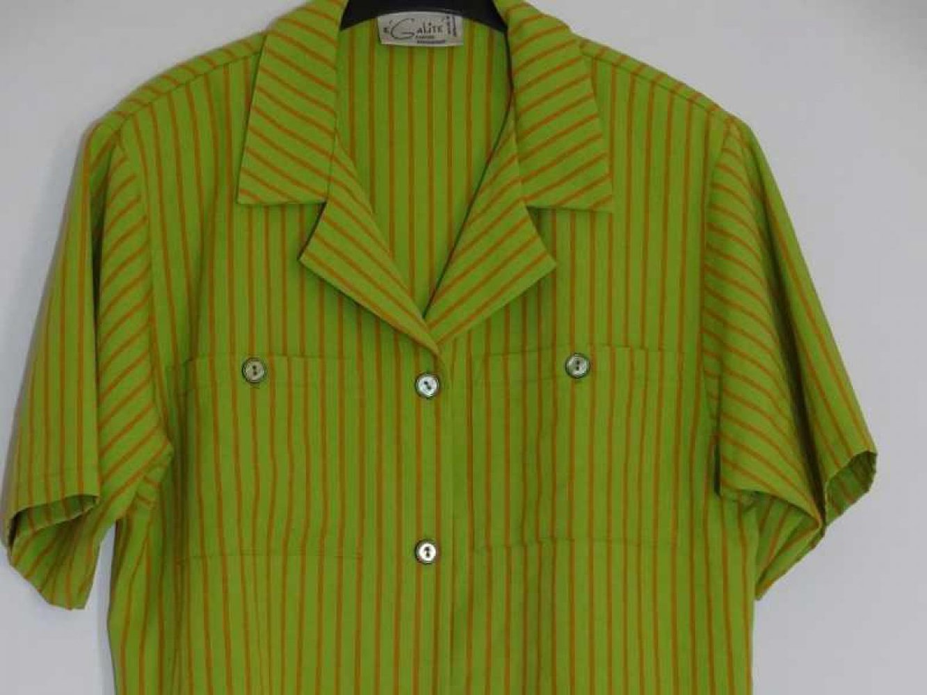 Grüner Hemdblazer mit orangen Streifen Vintage 80er Schulterpolster Gr. L