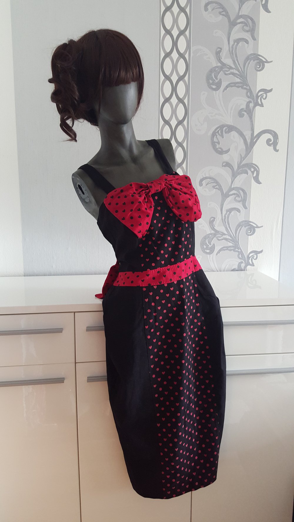 Rockabilly Rockabella Kleid Schleife Herzen Polka Dots Criminal Damage XL 42 Neu