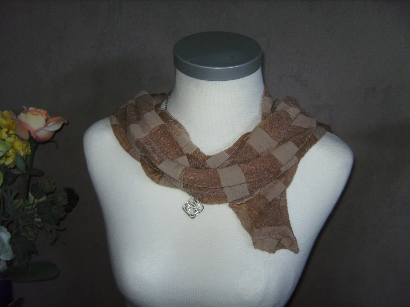 Schal Sommerschal Sandbraun, Viscose glänzendes Material # Retro #Blockstreifen Tuch Accessoire Perlon transparent