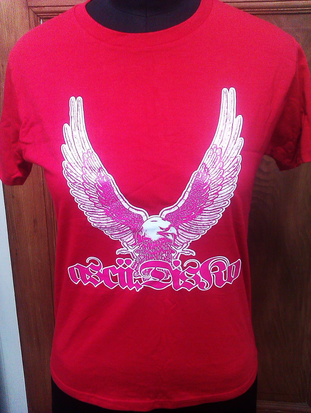 ASCII DISKO T-shirt Girlie M Skinny rot neu mit Print weiß/pink