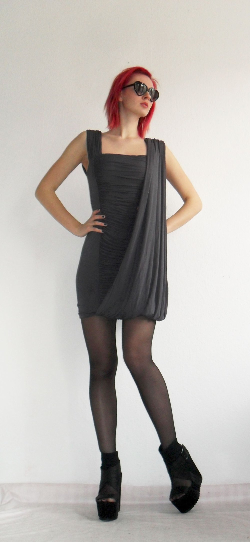 Anthrazitfarbenes Cocktailkleid Gr. XS S 34 36 38 drapiert ausgefallen Ninjagoth