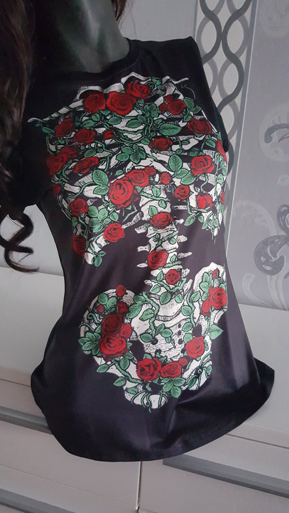 Skelett mit Rosen Blumen T Shirt Halloween Punk 38 40 dehnbar M L 