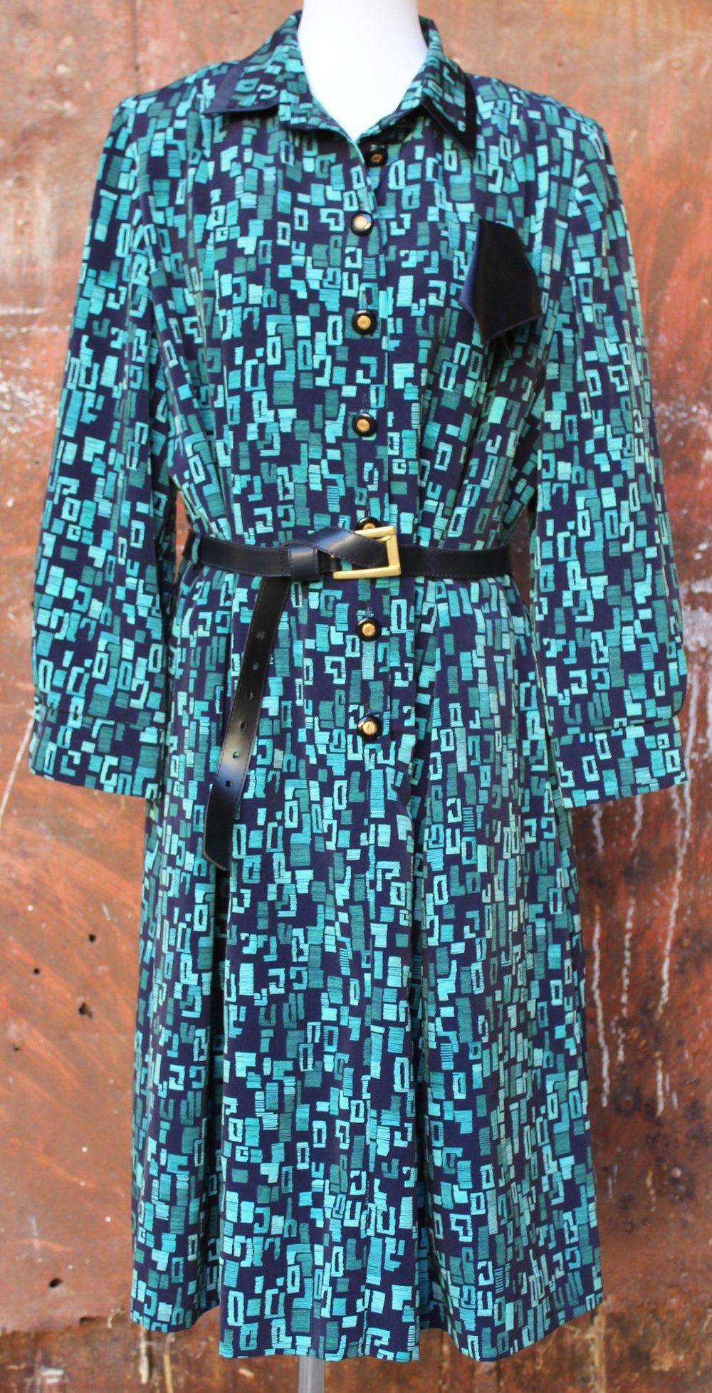 dunkelblau türkises Vintagekleid mit Muster, Kurzgröße 23 bzw. Größe 46