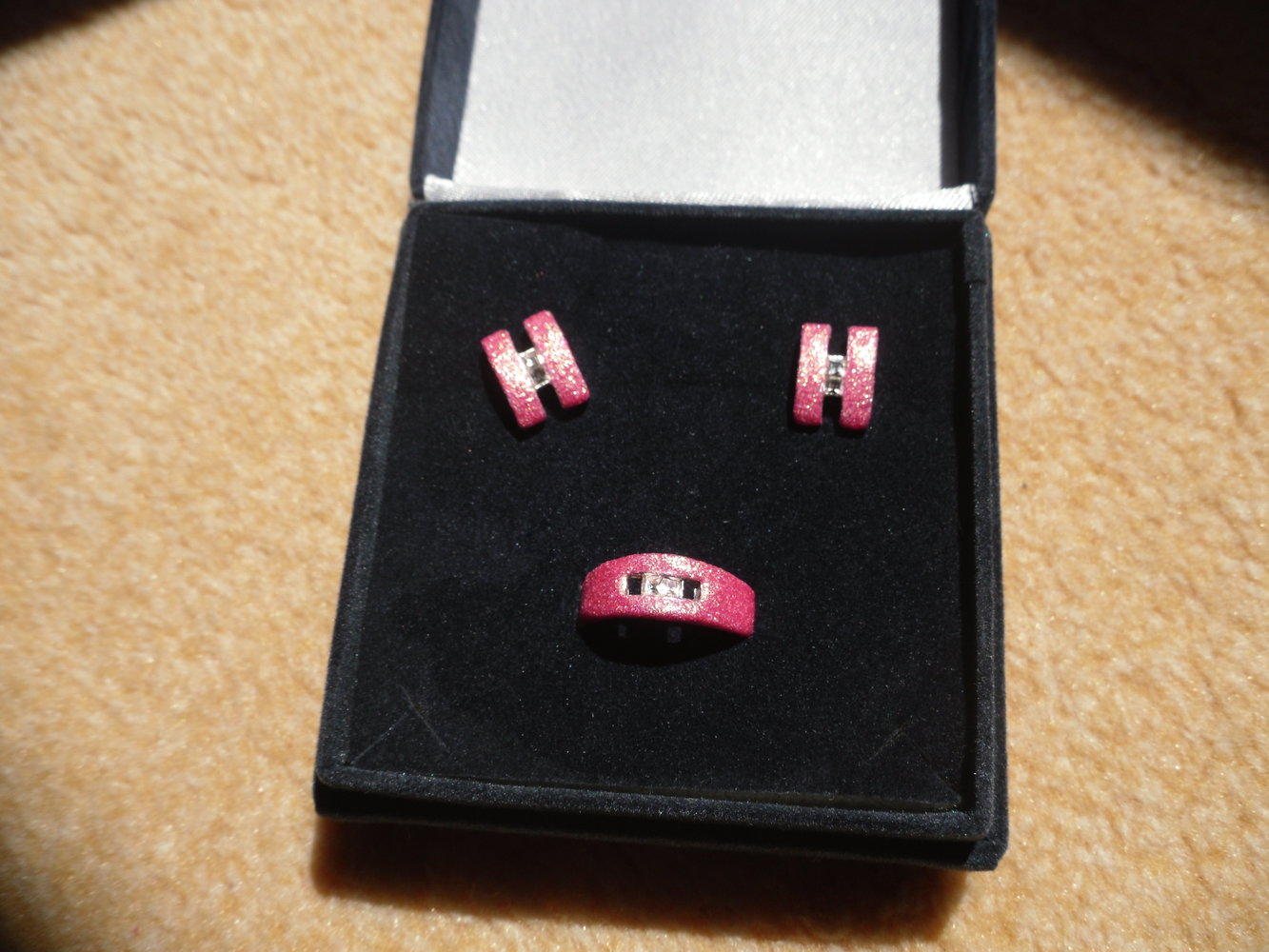 Schmuckset Ohrstecker Ring rosa-gold glitzernd