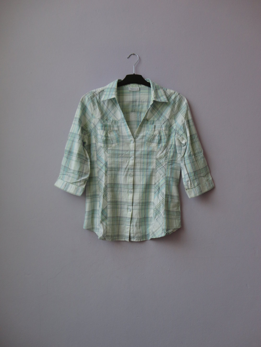 Bluse Hemd hell blau grün weiß kariert Yessica C&A Basic Sommer