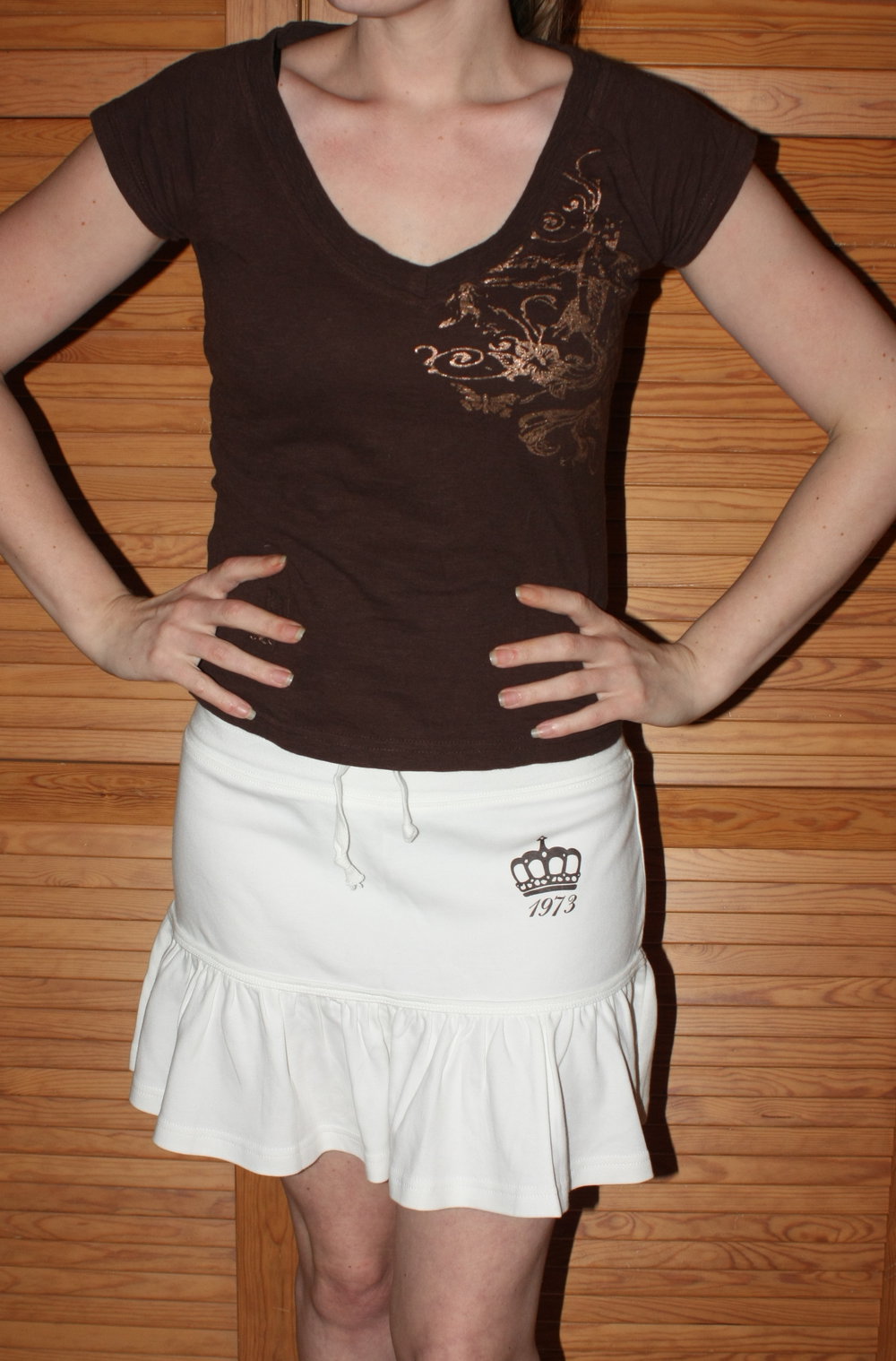 Süßes Fishbone T-Shirt, braun, mit Druck, gold, Gr. XS