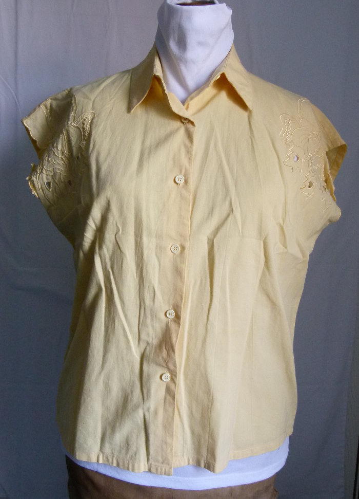 Sommer Bluse mit Applikation, aus den 80ern, gelb, Boho Goa Festival Lagenlook 80s Retro Vintage Mori