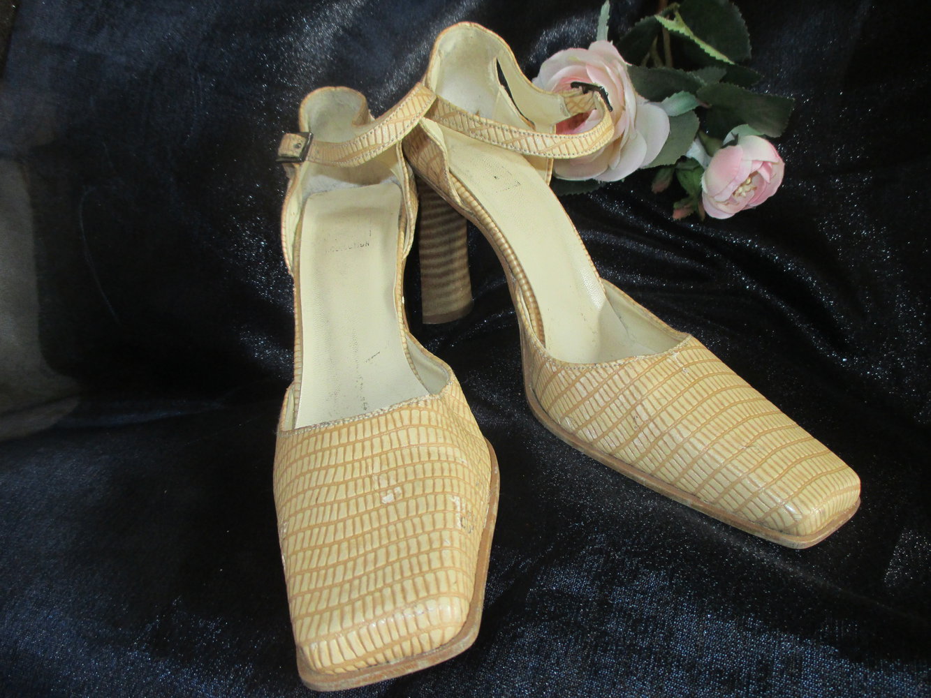  VINTAGE Salsa- Style Kroko- Leder Fessel- Pumps High Heels Stilettos Schuhe Made in Italy* Gr. 37/ 4, cremè- beige nude