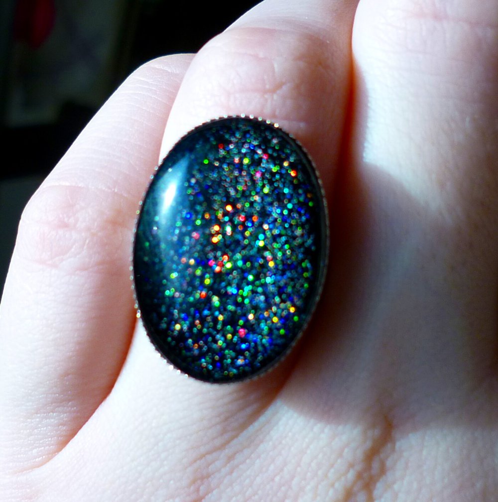 Mega Glitzer Ring Sternstaub funkelt Glimmer Holo Hlogramm Schimmer schwarz bunt