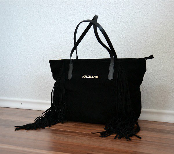 Original Kriziapoi Designer Wildleder Echtleder Leder Tasche Shopper mit Fransen schwarz Blogger