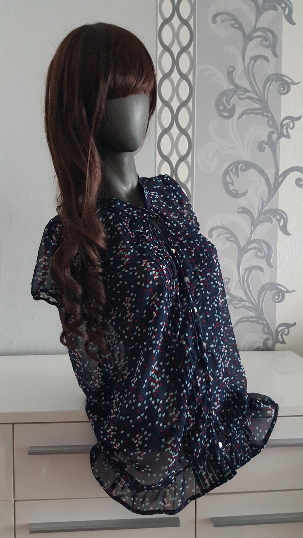 Bluse Blau mit bunten Herzen L 40 auch M 38 evtl XL 42