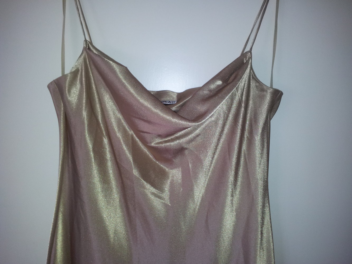 Abendkleid gold Wasserfall Dekoltee Spaghettiträger NEU