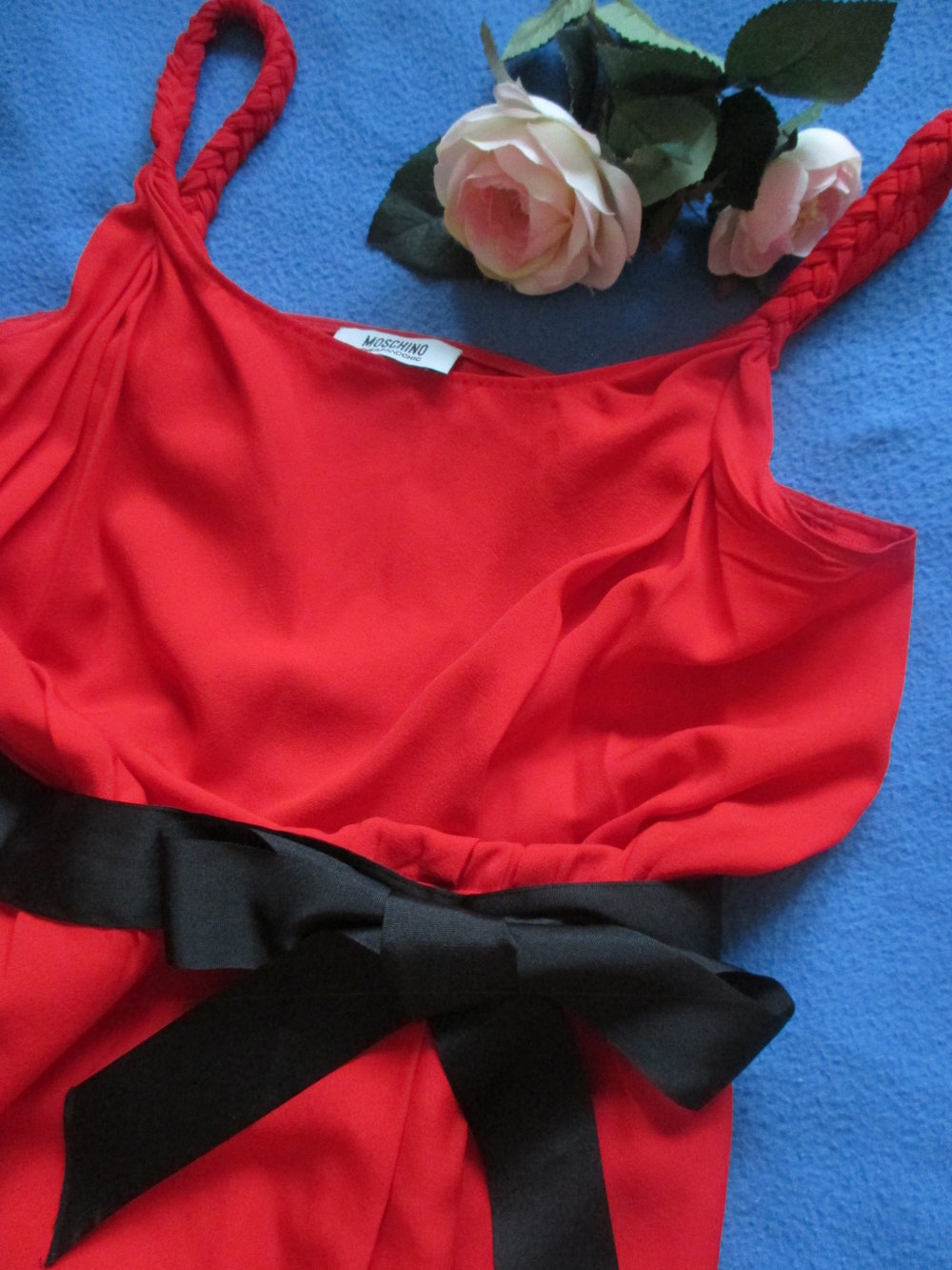 NEU * 50er Style * Abend * Ausgeh * Cocktail * Seiden Gorgette * Spaghetti Träger * Kleid mit Schleife ''MOSCHINO'' Gr. 34- 36/ XS- S * rot * schwarz *