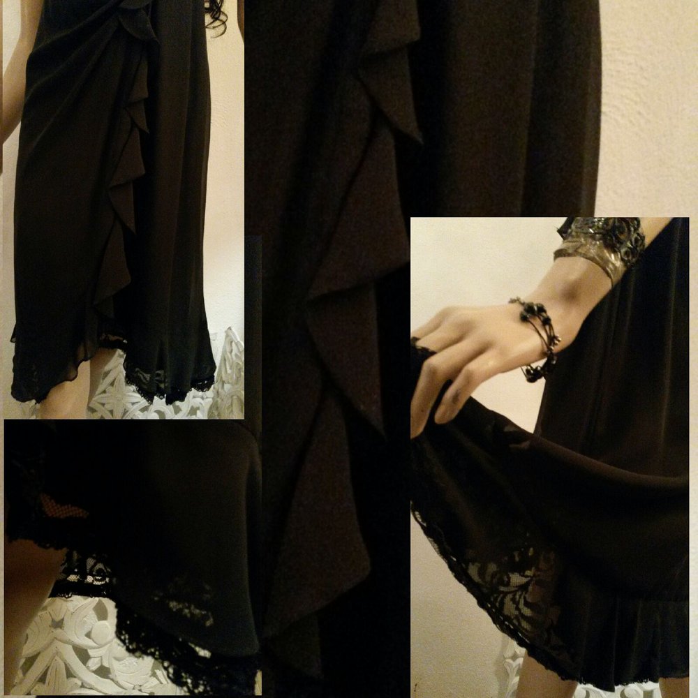 Edles tiefschwarzes Kleid mit Volants, Spitzeneinsatz, Perlen und Pailletten 