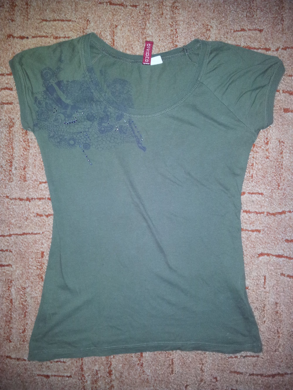 Shirt Khaki mit Schulter Druck Strass