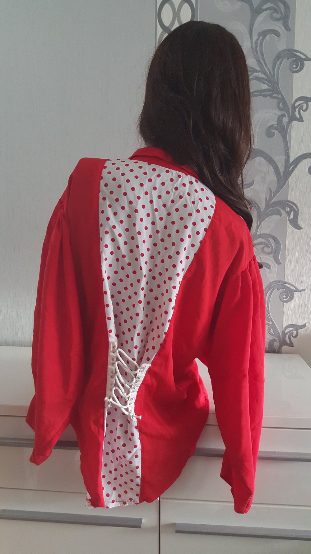 Rot weiß Polka Dots Rockabilly Rockabella Bluse Schnüren 44 46 XL