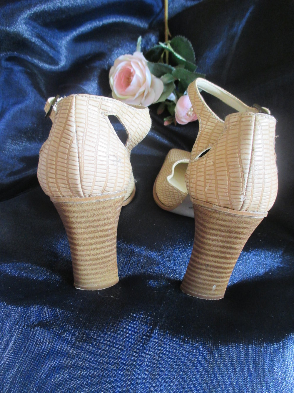  VINTAGE Salsa- Style Kroko- Leder Fessel- Pumps High Heels Stilettos Schuhe Made in Italy* Gr. 37/ 4, cremè- beige nude