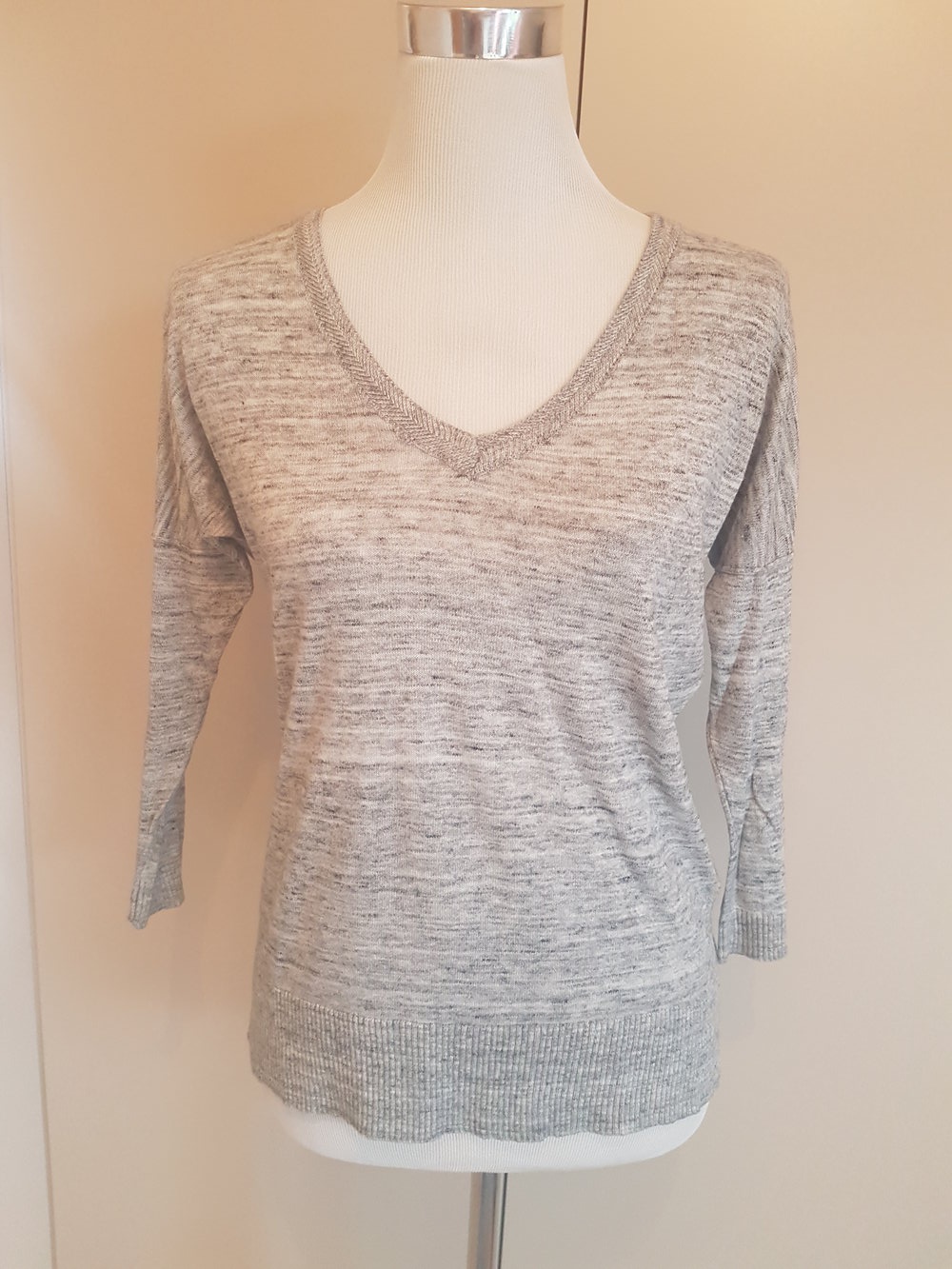 H&M Basic Feinstrick Pullover Pulli 3/4 Arm Grau meliert XS 34