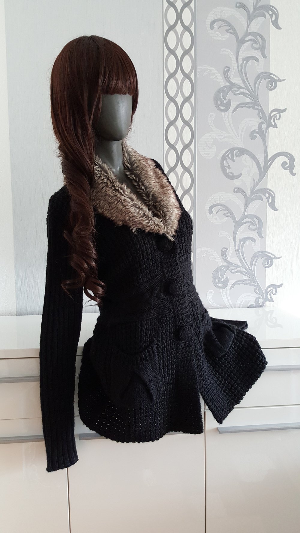 Toller warmer Strick Cardigan Schwarz Kunstfell Kunstpelz M / L 38 / 40