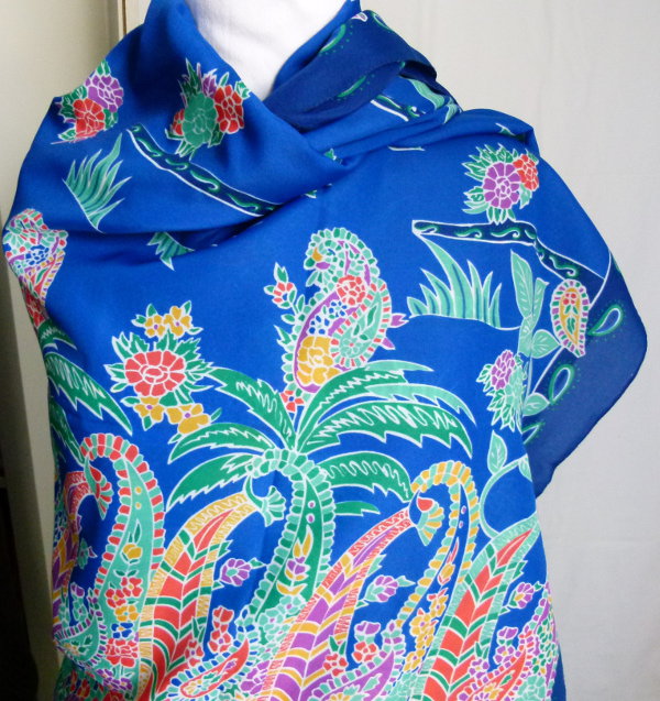 Pareo XXL Tuch, blau mit buntem Natur-Print, Boho Hippie Goa Festival Sommer Strand Jungle Retro Vintage 70s