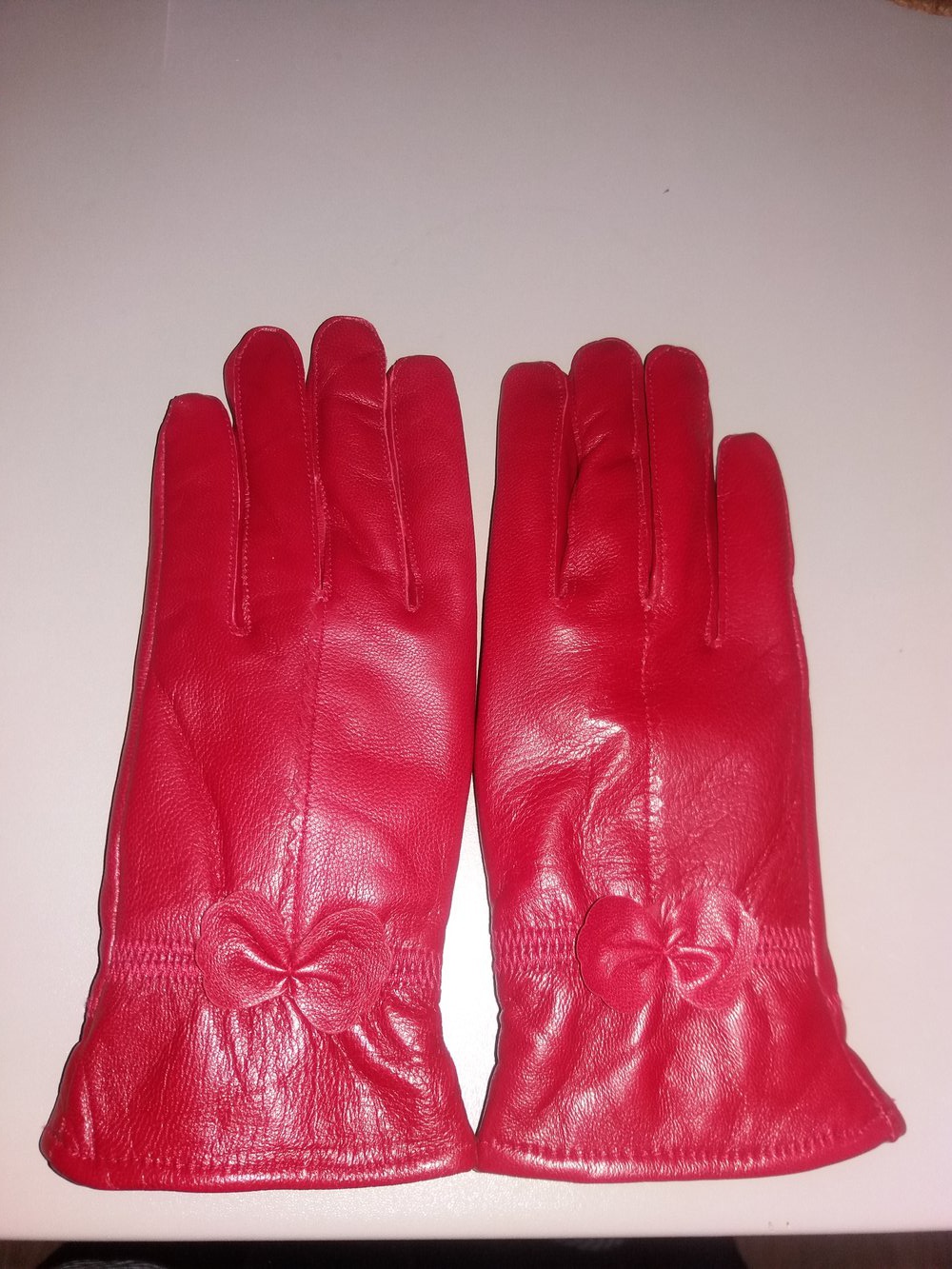 rote Handschuhe Damen Echtleder Lammfell gefüttert Fell Schleife Fahrrad retro Vintage
