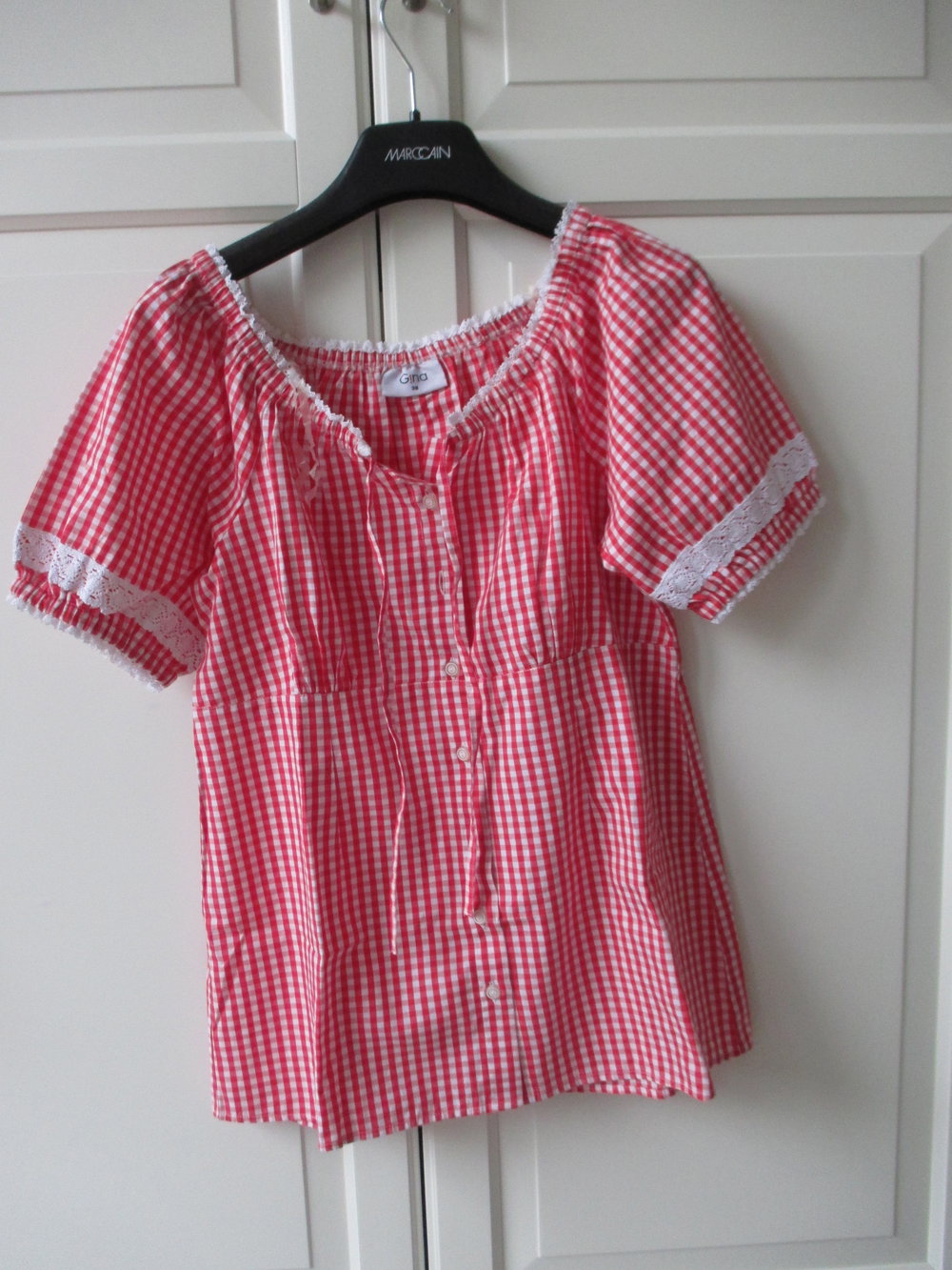 Trachtenbluse, rot - weiß kariert, weiße Spitze, Gr. 38 