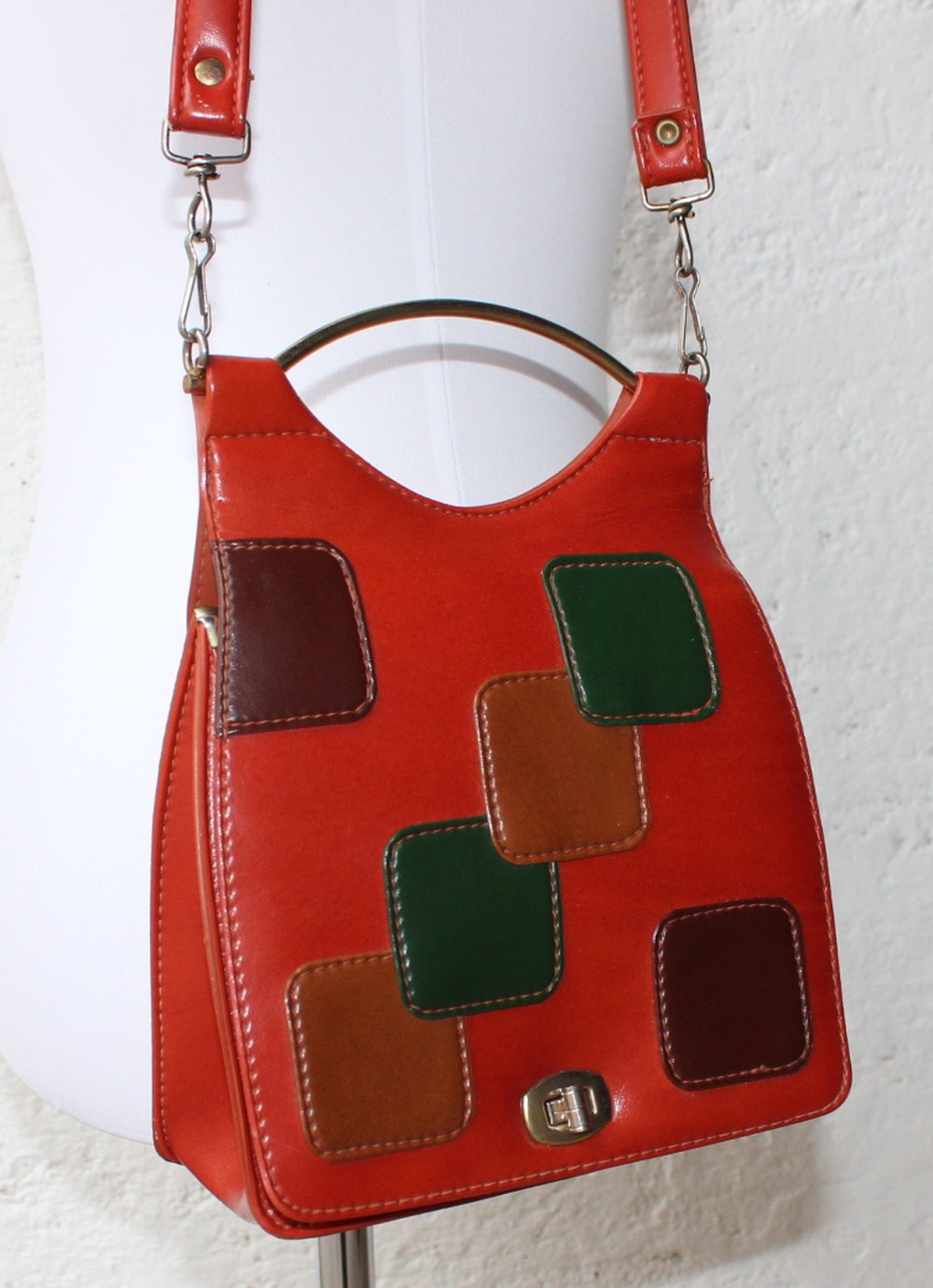 braune Vintagetasche im Patchwork-Look, True Vintage Handtasche, 1970er