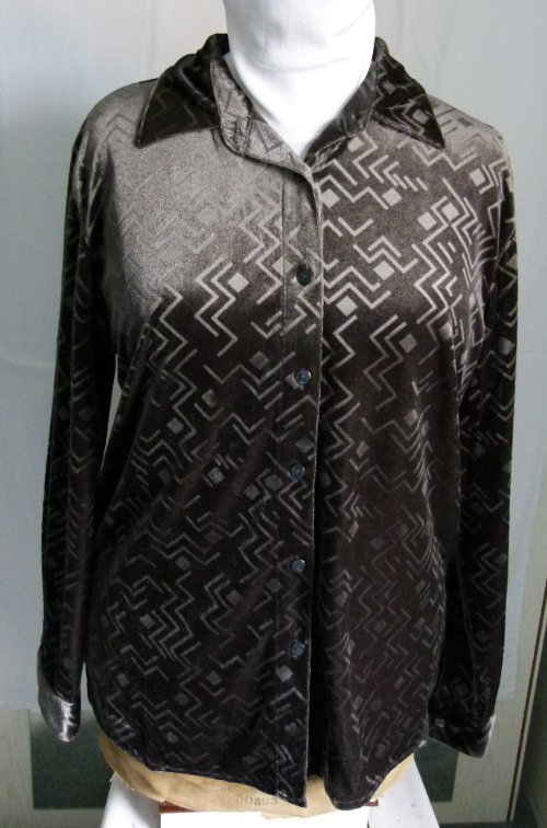 Samt Hemd Bluse, dunkelgrau anthrazit, geometrisches Muster, Boho Retro Casual Festival Goa Psy Velvet