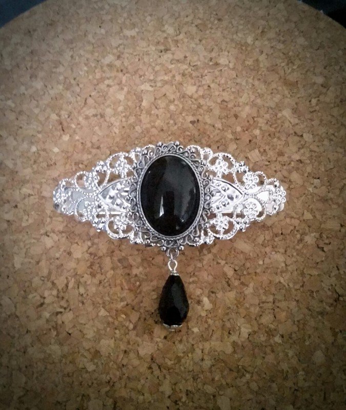 Haarspange Gothic Silberfarben Gothik schwarz Perle Ornament Barock Jugendstil 