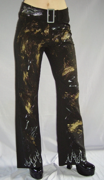 Stoffhose Galaxy Glamour Glitzer Gold Silber! Designerhose Flammen Rockchick! Kunst-Unikat!