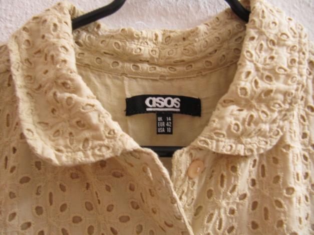 ASOS Vintage Kleid Lochmuster L langärmelig stickerei beige nude