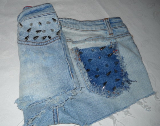 Stachelnieten Spitze Hot Pants Shorts Destroyed kurze Hose Jeans blau Killer Nieten Studs 34 36 38 XS S M 