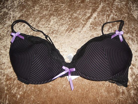 Damen Push-UP BH Gr. 80D Schwarz-Violett/ Lila/ Flieder gestreift Schleife