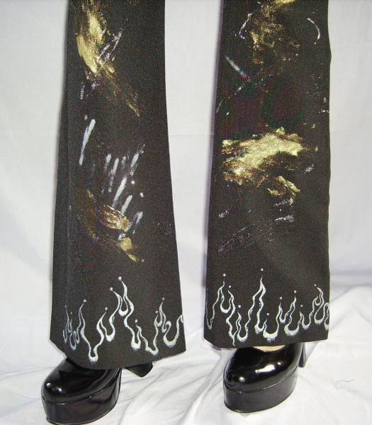 Stoffhose Galaxy Glamour Glitzer Gold Silber! Designerhose Flammen Rockchick! Kunst-Unikat!