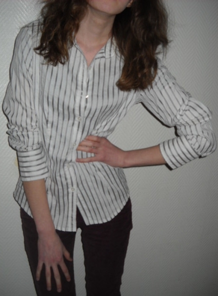 Marie LUND Long Bluse Tunika Knöpfe weiß grau Streifen gestreift Kragen 38 40 S M L edel wie neu