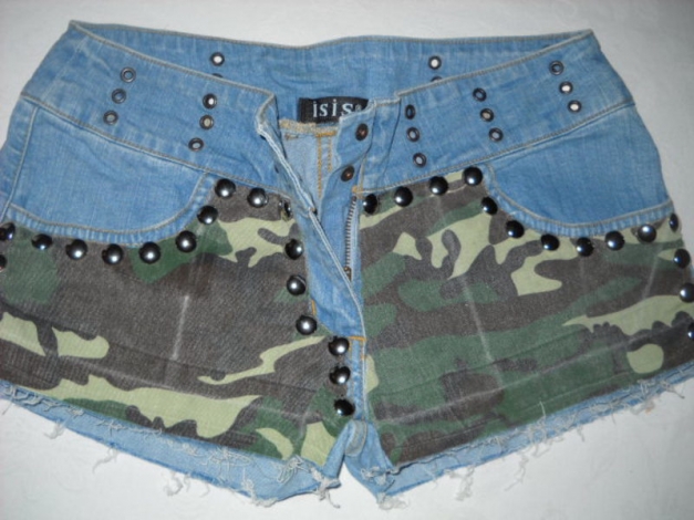 Nieten Camouflage Jeans Shorts Hot Pants kurze Hose blau Tarnfarben Armee Army braun grün 36 38 S M