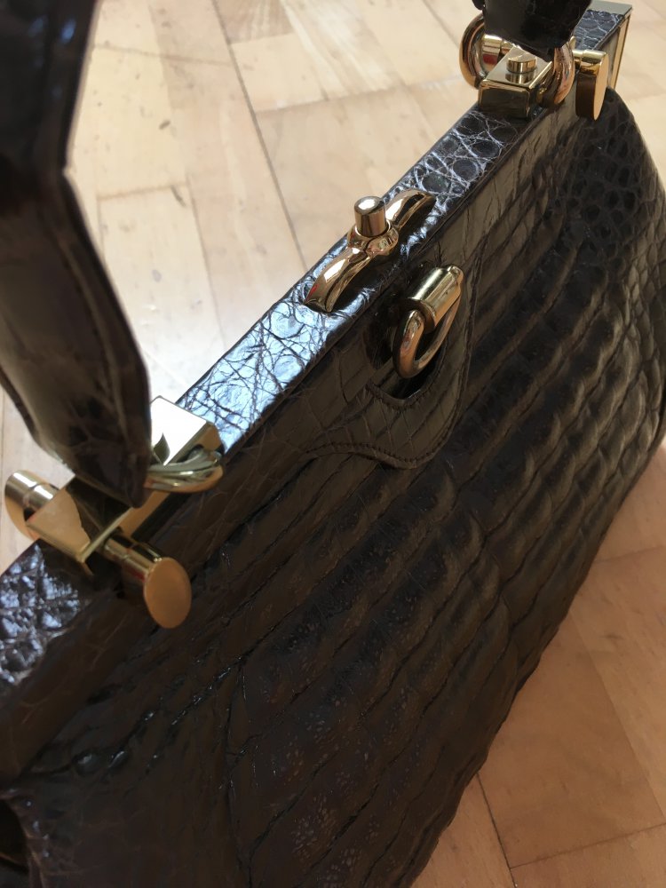 Original Vintage Handtasche (60er/70er), braun, echt Wildkrokodilleder