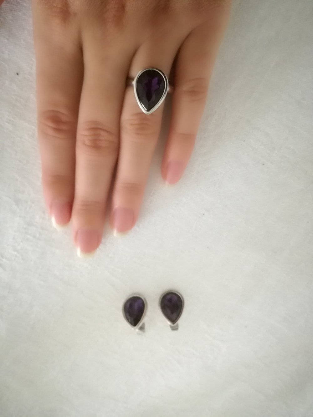 Schmuckset silber Ohrringe und Ring mit lila Stein