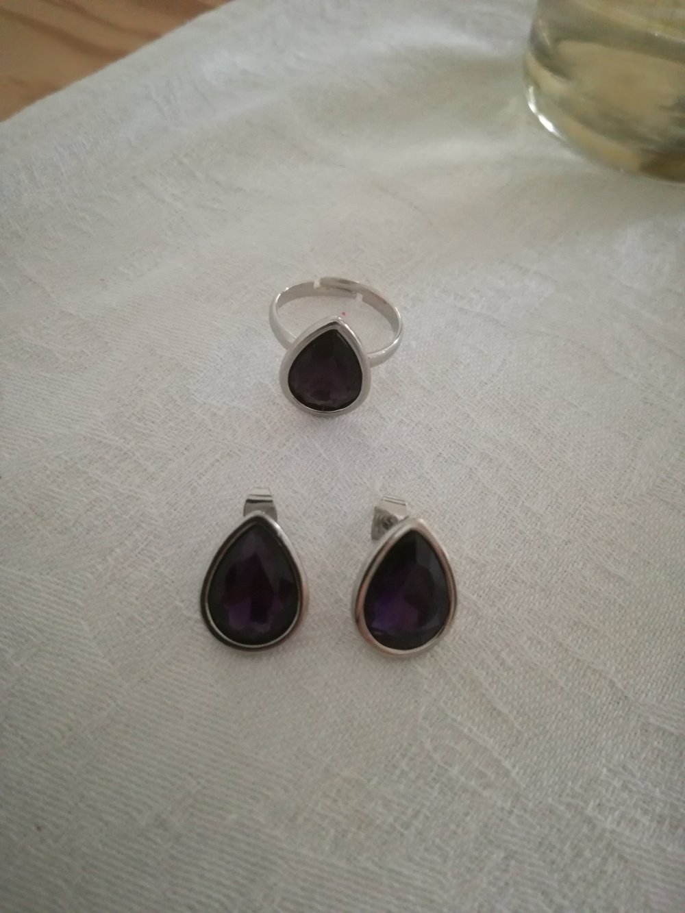 Schmuckset silber Ohrringe und Ring mit lila Stein