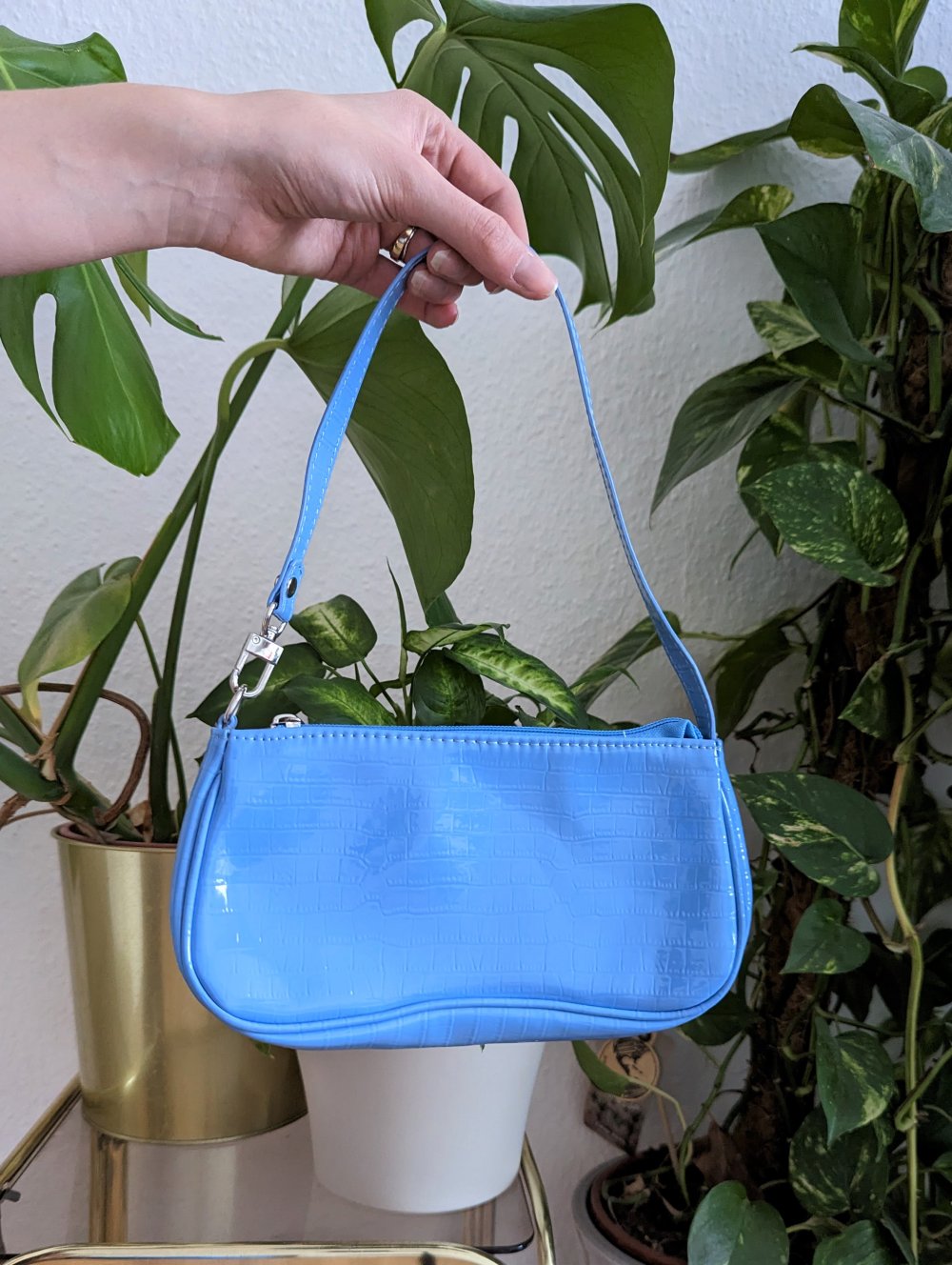 Y2K Handtasche Faux Krokodilleder Lack Tasche hellblau