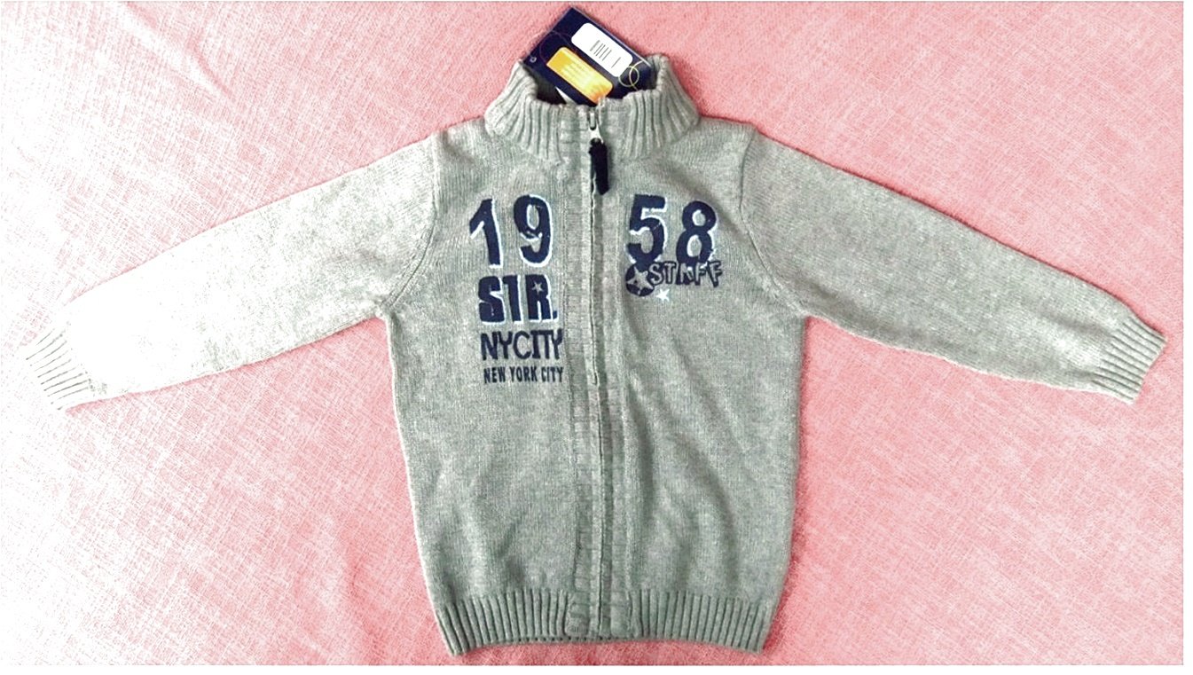 Jungen Strickjacke / Strickpullover , Gr. 98/104 - grau / blau  -  Neu