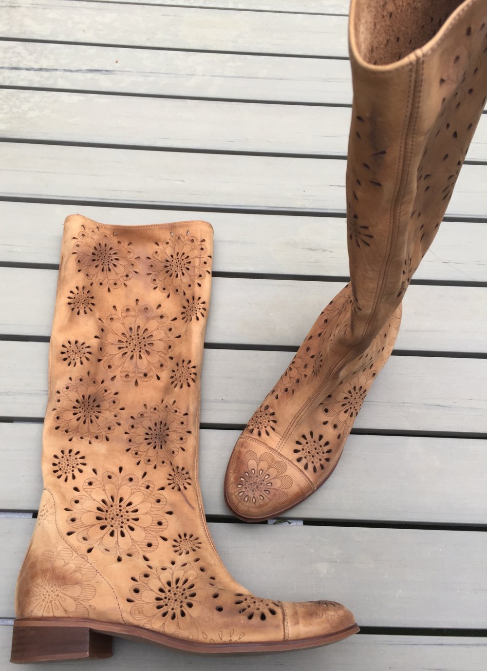 SOMMERSTIEFEL Slouch LEDER natur BLUMEN Cut Outs Gr. 40