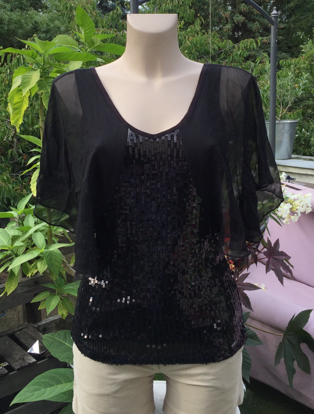 GUESS Pailletten Top FLÜGELÄRMEL Chiffon SEIDE Gr. 36