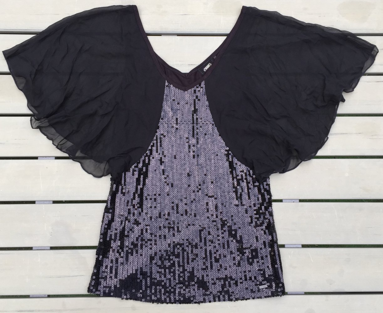 GUESS Pailletten Top FLÜGELÄRMEL Chiffon SEIDE Gr. 36
